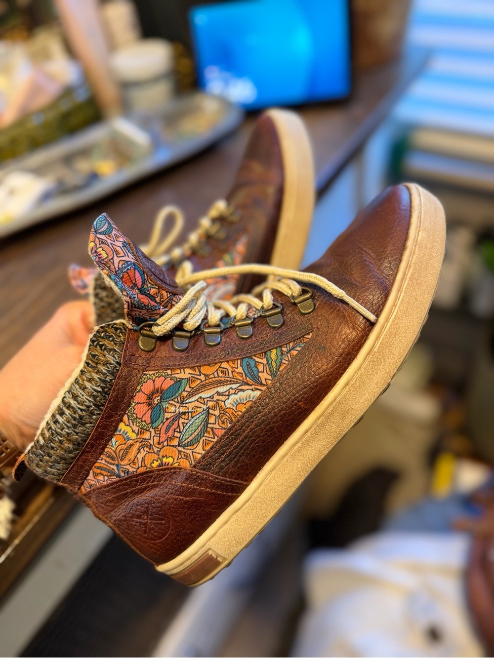 inkkas Brown Leather Moccasin Sneakers with Floral Panels